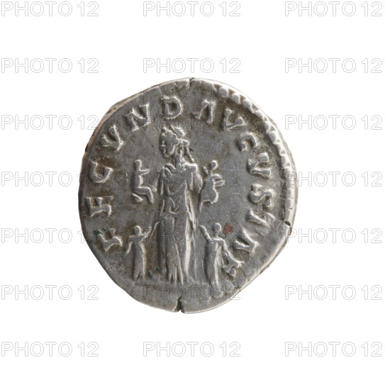 Denarius, Faustina the Younger (ca. 130–176; Roman empress 161–176), Marcus Aurelius (121–180; Roman emperor 161–180) (issuer). Bust of Faustina II in drapery facing right, legend 'FAVSTINA AVGVSTA' around. Reverse: Fecunditas standing left, holding two children in her arms, two more children standing at her sides, legend 'FECVND AVGVSTAE' around. Iconography: personifications, Fecunditas; children. Date: 161–176. Roman Empire, Rome. Coin: diameter 16.0–17.5 mm, weight 3.40 g, axis 180°.