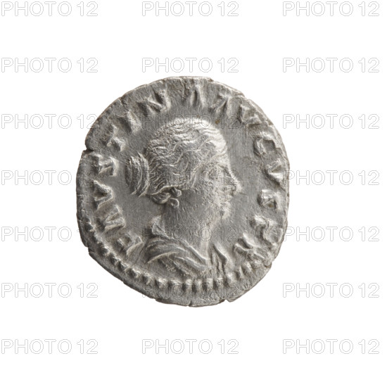 Denarius of Faustina the Younger (ca. 130–176), with Marcus Aurelius (121–180) as issuer; Roman Imperial coin (161–176). Obverse: draped bust of Faustina II facing right, legend FAVSTINA AVGVSTA. Reverse: Fecunditas standing left holding two children, two more children at her sides, legend FECVND AVGVSTAE. Iconography: children; personification Fecunditas. Roman Empire (27 BC–476), Rome. Coin: diameter 16.0–17.5 mm, weight 3.00 g, axis 180°.
