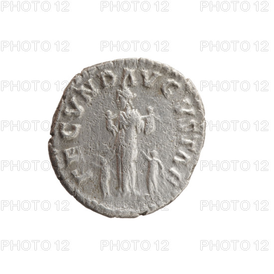 Denarius of Faustina the Younger (ca. 130–176; Roman empress 161–176) issued under Marcus Aurelius (121–180; Roman emperor 161–180). Obverse: draped bust of Faustina II facing right, legend FAVSTINA AVGVSTA. Reverse: Fecunditas (personification) standing left, holding two children in her arms with two more children at her sides, legend FECVND AVGVSTAE. Date: 161–176 CE, Roman Empire (27 BC–476). Coin: bronze/silver denarius; diameter 16.0–17.5 mm, weight 3.00 g, axis 180°.