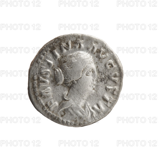 Denarius depicting Faustina the Younger (ca. 130–176; Roman empress 161–176) and Marcus Aurelius (121–180; Roman emperor 161–180). Obverse: draped bust of Faustina II facing right, inscription FAVSTINA AVGVSTA. Reverse: Fecunditas (personification) standing left, holding two children with two more children at her sides, inscription FECVND AVGVSTAE. Date: 161–176, place: Rome, Roman Empire. Coin; diameter 17.0–17.5 mm, weight 3.10 g, axis 180°.