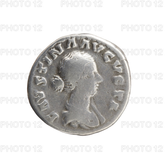 Denarius, Marcus Aurelius (121–180), issuer; Faustina the Younger (ca. 130–176), personifications: Felicitas, children; draped bust of Faustina II facing right, inscription FAVSTINA AVGVSTA; reverse: Felicitas stands frontally, head turned left, holding two children, four more children stand beside her (two each side), inscription TEMPOR FELIC; dated 161–176 CE, Roman Empire; coin; diameter 17.0 mm; weight 3.18 g; axis 0°.