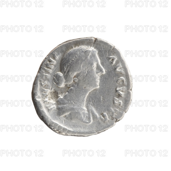 Denarius of Faustina the Younger (ca. 130–176), Roman empress (161–176); issuer: Marcus Aurelius (121–180), Roman emperor (161–180). Obverse: bust of Faustina II in drapery facing right, inscribed FAVSTINA·AVGVSTA. Reverse: Hilaritas personified standing left, holding a palm branch in her right hand and a cornucopia in her left, inscribed HIL·A·R·ITAS. Date: 161–176. Place: Rome, Roman Empire. Coin; diameter 16.5–17.5 mm, weight 3.15 g, axis 165°.