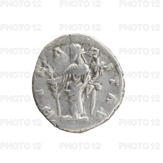 Denarius of Faustina the Younger (ca. 130–176; Roman empress 161–176) issued under Marcus Aurelius (121–180; Roman emperor 161–180). Obverse: bust of Faustina II in drapery facing right, inscription FAVSTINA · AVGVSTA. Reverse: Hilaritas standing left, holding a palm branch in her right hand and a cornucopia in her left, inscription HIL·A·R·ITAS. Roman, 161–176. Coin: diameter 16.5–17.5 mm, weight 3.15 g, axis 165°.
