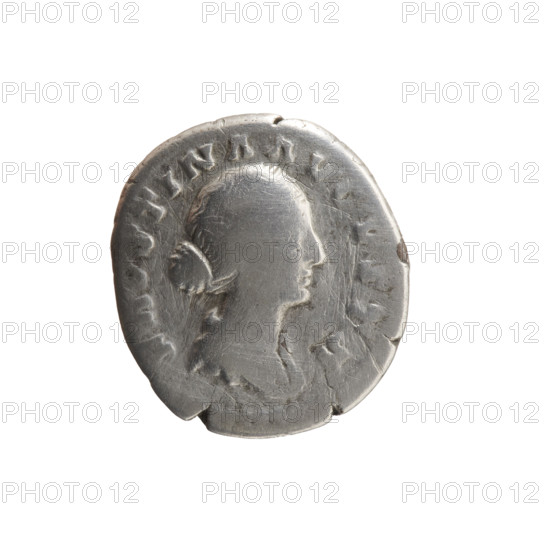 Denarius depicting draped bust of Faustina the Younger facing right with inscription 'FAVSTINA AVGVSTA' around; reverse shows Fecunditas standing left holding two children with two more children at her sides and inscription 'FECVND AVGVSTAE' around. Issuer: Marcus Aurelius. Personifications: Fecunditas; iconography: Faustina the Younger and children. Date: 161–176 CE (Roman Empire, Rome). Materials/format: coin (denarius). Measurements: diameter 16.5–17.5 mm, weight 2.95 g, axis 165°. Makers/dates for persons: Faustina the Younger (ca. 130–176, Roman empress 161–176); Marcus Aurelius (121–180, Roman emperor 161–180).