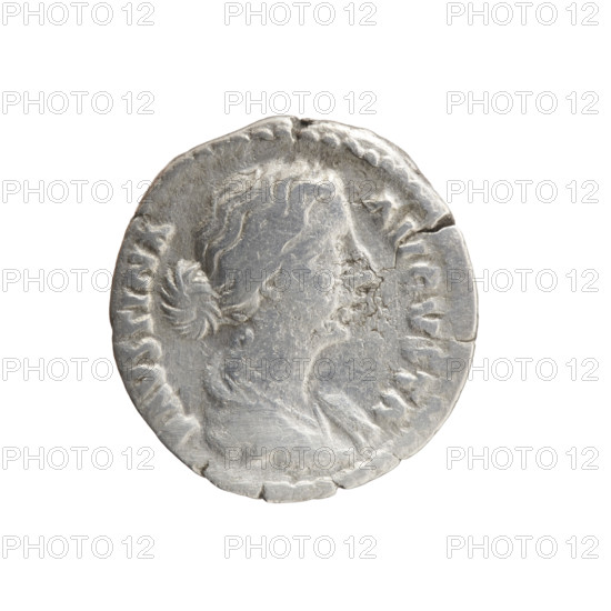 Denarius of Faustina the Younger (ca. 130–176), Roman empress 161–176; Marcus Aurelius (121–180), Roman emperor 161–180 (issuer). Obverse: bust of Faustina II in drapery facing right, inscribed FAVSTINA·AVGVSTA. Reverse: Hilaritas standing left, holding a palm branch in her right hand and a cornucopia in her left, inscribed HIL·A·RITAS. Date: 161–176. Roman Empire, Rome. Coin: diameter 17.0–17.5 mm, weight 2.85 g, axis 0°.