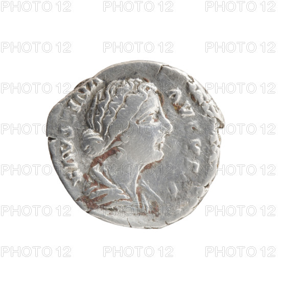 Denarius of Faustina the Younger (ca. 130–176), Roman empress 161–176; issuer Marcus Aurelius (121–180), Roman emperor 161–180. Obverse: Bust of Faustina II draped, facing right, legend FAVSTINA·AVGVSTA. Reverse: Hilaritas standing left, holding a palm branch in right hand and a cornucopia in left, legend HIL·A·R·ITAS. Date: 161–176, Rome, Roman Empire. Coin; diameter 16.5–19.0 mm; weight 2.95 g; axis 0°.