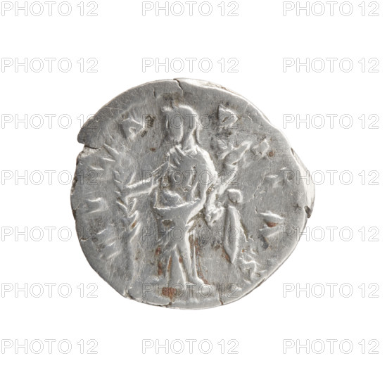 Denarius of Faustina the Younger (ca. 130–176), Roman empress 161–176; issuer: Marcus Aurelius (121–180), Roman emperor 161–180. Obverse: Bust of Faustina II in drapery facing right, inscription FAVSTINA·AVGVSTA. Reverse: Hilaritas standing left, holding a palm branch in her right hand and a cornucopia in her left, inscription HIL·A·R·ITAS. Date: 161–176, Rome, Roman Empire. Coin; diameters 16.5 mm and 19.0 mm, weight 2.95 g, axis 0°.
