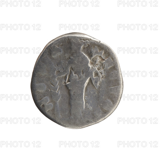 Denarius depicting Faustina the Younger (ca. 130–176; Roman empress 161–176) and Marcus Aurelius (121–180; Roman emperor 161–180). Obverse: Bust of Faustina II in drapery facing right, inscription 'FAUSTINA AVGVSTA' all around. Reverse: Hilaritas standing left, holding a palm branch in her right hand and a cornucopia in her left, inscription 'HILARITAS' all around. Date: 161–176, Roman Empire (27 BC–476), Rome. Coin: diameter 17.0–17.5 mm, weight 2.65 g, axis 180 degrees.