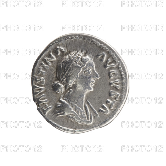 Denarius depicting bust of Faustina II in drapery facing right with inscription FAVSTINA • AVGVSTA; reverse: Juno veiled standing left, holding a patera in her right hand and a long scepter in her left, a peacock at her feet, with inscription IVNONI • R • EGINAE. Issuer: Marcus Aurelius. Date ca. 161–176 CE (Faustina the Younger ca. 130–176). Roman Empire, Rome. Coin; silver. Diameter ~17.0–17.5 mm, weight 3.35 g; axis 195°. Iconography: Faustina II, Juno, scepters, peacocks, patera; Roman deities.