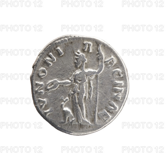 Denarius of Faustina the Younger (ca. 130–176), Roman empress 161–176; issuer: Marcus Aurelius (121–180), Roman emperor 161–180. Obverse: Bust of Faustina II in drapery facing right, inscription FAVSTINA · AVGVSTA. Reverse: Juno in a veil standing left, holding a patera in her right hand and a long scepter in her left, a peacock at her feet on the left, inscription IVNONI · R · EGINAE. Date: 161–176, Roman Empire (27 BC–476), Rome. Coin (silver): diameter 17.0–17.5 mm, weight 3.35 g, axis 195°.