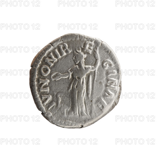 Denarius depicting Faustina the Younger (ca. 130–176; Roman empress 161–176) and Marcus Aurelius (121–180; Roman emperor 161–180). Obverse: Bust of Faustina II in drapery facing right, inscribed FAVSTINA · AVGVSTA. Reverse: Juno veiled, standing left, holding a patera in her right hand and a long scepter in her left, a peacock at her feet at left, legend IVNONI R·E·GINAE. Iconography includes Juno, scepters, peacocks, paterae; Faustina the Younger (iconography). Roman Empire, ca. 161–176. Coin: diameter ~17.0–17.5 mm, weight 3.45 g, axis 0°.