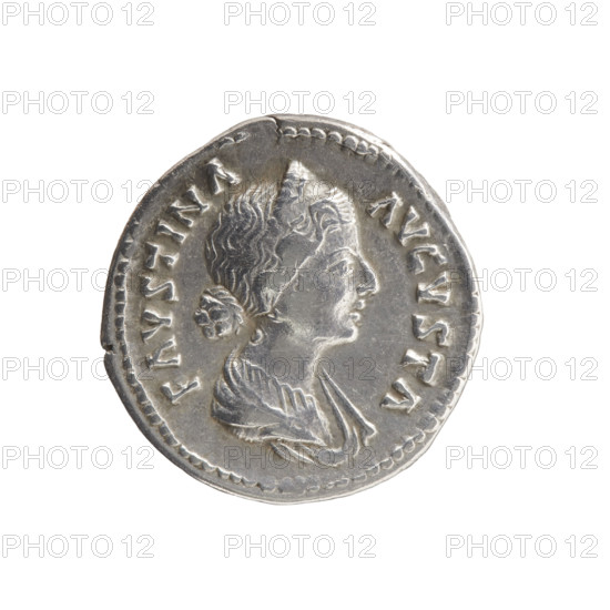 Denarius of Faustina the Younger (ca. 130–176; Roman empress 161–176), issuer Marcus Aurelius (121–180; Roman emperor 161–180). Obverse: Bust of Faustina II in drapery facing right, inscribed FAVSTINA · AVGVSTA. Reverse: Juno veiled, seated left, holding a patera in her right hand and a scepter in her left, a peacock at her feet on the left, inscribed IVNONI · R · E · GINAE. Date: 161–176, Rome, Roman Empire (27 BC–476). Coin; diameter 18.0–18.5 mm, weight 3.50 g, axis 180°.