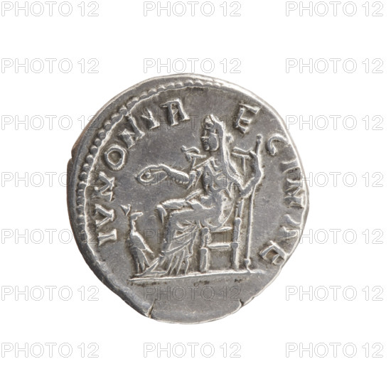 Denarius of Faustina the Younger (ca. 130–176), issued under Marcus Aurelius (121–180). Obverse: Bust of Faustina II in drapery facing right, inscription FAVSTINA · AVGVSTA. Reverse: Juno in a veil seated left, holding a patera in her right hand and a scepter in her left, a peacock at her feet left, inscription IVNONI R·E·GINAE. Roman Empire, ca. 161–176. Silver coin; diameter ~18.0–18.5 mm, weight 3.50 g, axis 180°.