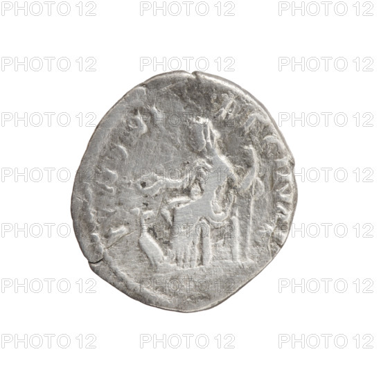 Denarius, Faustina the Younger (ca. 130–176; Roman empress 161–176), Marcus Aurelius (121–180; Roman emperor 161–180), issuer. Obverse: bust of Faustina II in drapery facing right, inscription FAVSTINA·AVGVSTA. Reverse: Juno in a veil seated left, holding a patera in her right hand and a scepter in her left, a peacock at her feet left, inscription IVNONI·EGINAE. Date: 161–176, Rome, Roman Empire (27 BC–476). Coin; diameter ~17.5–18.5 mm, weight 2.68 g, axis 180°.