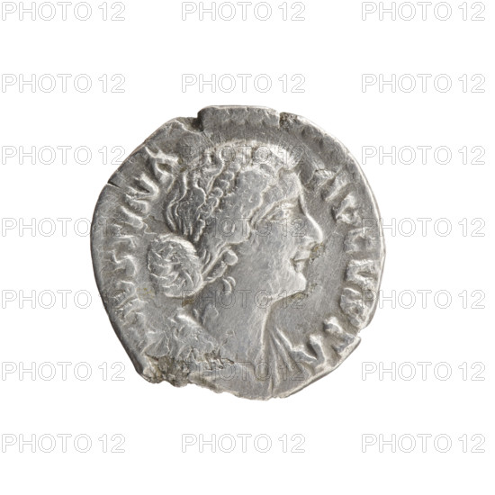 Denarius of Marcus Aurelius (121–180; Roman emperor 161–180), issuer; bust of Faustina the Younger (c.130–176; Roman empress 161–176) in drapery facing right, inscription 'FAVSTINA · AVGVSTA' around; reverse: Juno (mythology) veiled, seated facing left, holding a patera in her right hand and a scepter in her left, a peacock at her feet on the left side, circumscription 'I V · N O'; iconography includes Faustina the Younger, Juno, scepters, peacocks, paterae, Roman deities; dated 161–176, Roman Empire; Rome; coin, diameter 16.5–17.0 mm, weight 2.50 g, axis 180°.