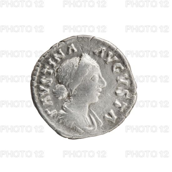 Denarius, Faustina the Younger (ca. 130–176; Roman empress 161–176), Marcus Aurelius (121–180; Roman emperor 161–180) issuer. Obverse: Bust of Faustina II in drapery facing right, legend FAVSTINA·AVGVSTA. Reverse: Salus seated on a throne facing left; in her outstretched right hand she holds a patera from which she feeds a snake wrapped around an altar, left hand resting on the back of the seat, legend SALVS. Iconography: Salus (personification), snakes, pateras, altars, personifications. Date: 161–176 CE, Roman Empire (27 BC–476), Rome. Coin type: denarius. Diameter 17.0 mm, weight 2.85 g, axis 180°.