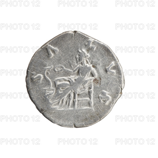 Denarius, Faustina the Younger (ca. 130–176; Roman empress 161–176), Marcus Aurelius (121–180; Roman emperor 161–180) issuer. Bust of Faustina II in drapery facing right, inscription FAVSTINA · AVGVSTA around. Reverse: Salus seated on a throne facing left, in her outstretched right hand she holds a patera from which she feeds a snake coiled around an altar; her left hand rests on the back of the seat, inscription S · ALVS around. Iconography: Salus (personification), snakes, pateras, altars, personifications. Date: 161–176. Roman Empire, Rome. Coin: silver denarius; diameter 17.0 mm; weight 2.85 g; axis 180°.