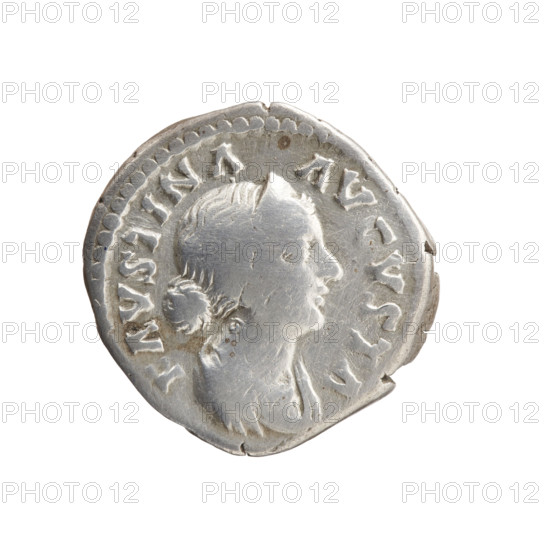 Denarius, Faustina the Younger (ca. 130–176; Roman empress 161–176), Marcus Aurelius (121–180; Roman emperor 161–180) (issuer). Bust of Faustina II in drapery facing right, inscribed FAVSTINA·AVGVSTA. Reverse: Salus seated on a throne facing left, feeding a snake wrapped around an altar with a patera in her outstretched right hand, left hand on the back of the seat, inscribed S·ALVS. Iconography: personifications, snakes, altars, paterae; Salus (personification). Date: 161–176. Roman Empire, Rome. Coin: denarius; diameter 17.5–18.0 mm; weight 2.85 g; axis 180°.
