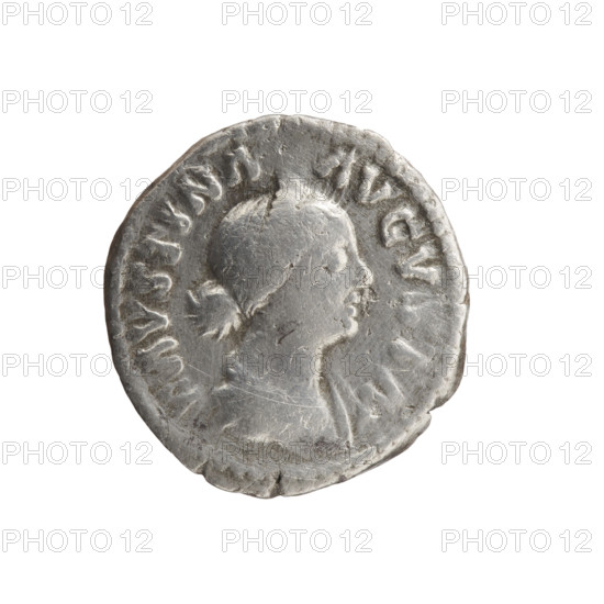 Denarius depicting Faustina the Younger (ca. 130–176; Roman empress 161–176) and Marcus Aurelius (121–180; Roman emperor 161–180) as issuer; iconography includes personifications, snakes, pateras, altars, and Salus. Obverse: bust of Faustina II in drapery facing right, legend FAVSTINA · AVGVSTA. Reverse: Salus seated on a throne facing left, in her outstretched right hand she holds a patera feeding a snake wrapped around an altar, left hand resting on the back of the seat, legend S A · LVS; dated 161–176, Roman Empire (27 BC–476), Rome. Coin: denarius, diameter 17.5–18.0 mm, weight 2.90 g, axis 180°.