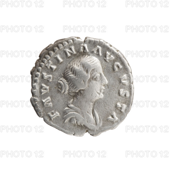 Denarius depicting Faustina the Younger (ca. 130–176; Roman empress 161–176) and Marcus Aurelius (121–180; Roman emperor 161–180). Obverse: bust of Faustina II in drapery facing right, inscription FAVSTINA AVGVSTA around. Reverse: Venus stands straight, turns her head to the left, holds an apple in her outstretched right hand and a long scepter in her left, inscription V E NVS around. Date: 161–176. Roman Empire, Rome. Coin. Diameter: 16.5–19.0 mm. Weight: 3.00 g. Axis: 0°.