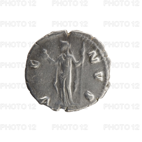 Denarius; bust of Faustina the Younger in drapery facing right with legend FAVSTINA AVGVSTA; reverse: Venus stands straight, turns head left, holds an apple in her outstretched right hand and a long scepter in her left, legend V E - NVS. Faustina the Younger (ca. 130–176; Roman empress 161–176), Marcus Aurelius (121–180; Roman emperor 161–180) issuer. Roman Empire, Rome, 161–176. Coin; diameter 16.5–19.0 mm; weight 3.00 g; axis 0°.