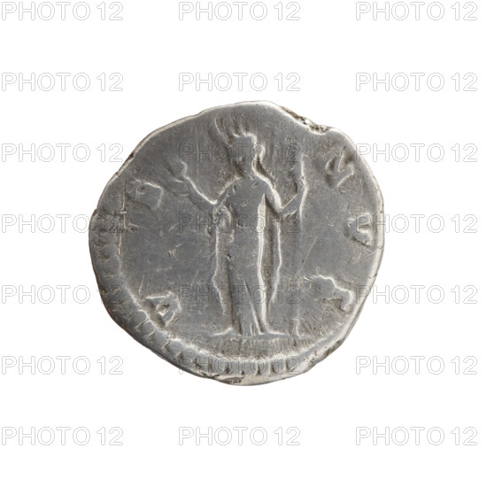 Denarius depicting Faustina the Younger (ca. 130–176; Roman empress 161–176) and Marcus Aurelius (121–180; Roman emperor 161–180). Obverse: bust of Faustina II in drapery facing right, inscription FAVSTINA AVGVSTA. Reverse: Venus stands straight, turns her head left, holds an apple in her outstretched right hand and a long scepter in her left, inscription V E NVS. Date: 161–176. Rome, Roman Empire. Coin; diameter 16.5–17.5 mm, weight 3.20 g, axis 180°.