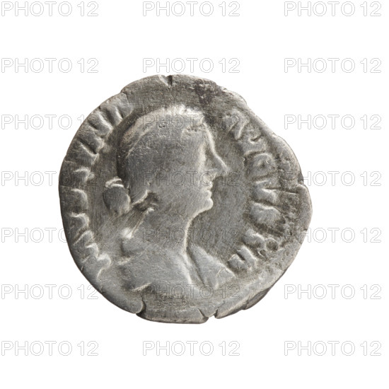 Denarius of Faustina the Younger (ca. 130–176; Roman empress 161–176), issuer Marcus Aurelius (121–180; Roman emperor 161–180). Obverse: bust of Faustina II in drapery facing right, inscription FAVSTINA · AVGVSTA. Reverse: Venus half-naked standing right, holding a helmet in her outstretched left hand and a scepter in her right, leaning against a column, inscription VENERI · VICTRICI. Date: 161–176, Rome, Roman Empire. Coin; diameter 18.0 mm, weight 2.85 g, axis 180°.