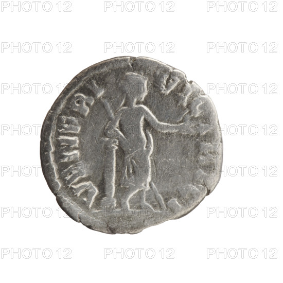 Denarius, Faustina the Younger (ca. 130–176; Roman empress 161–176), issuer Marcus Aurelius (121–180; Roman emperor 161–180). Obverse: Bust of Faustina II in drapery facing right, inscription FAVSTINA · AVGVSTA. Reverse: Venus stands half-naked facing right, holding a helmet in her outstretched left hand and a scepter in her right, leaning against a column, inscription VENERI · VICTRICI. Date: 161–176, Rome, Roman Empire. Coin; diameter 18.0 mm; weight 2.85 g; axis 180°.