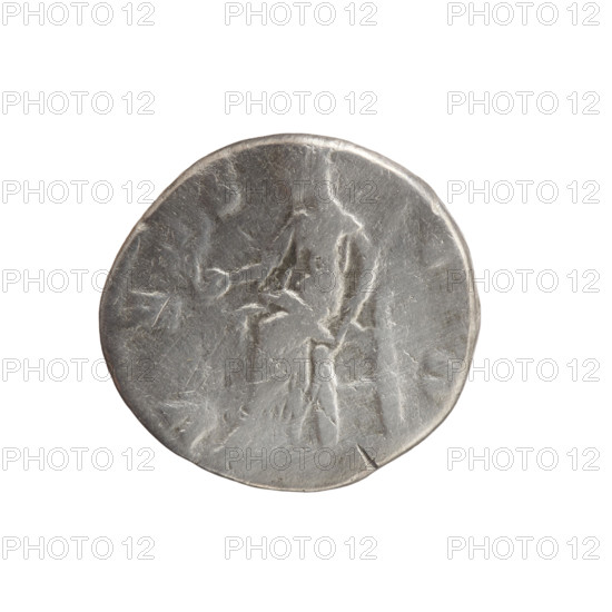 Denarius featuring Faustina the Younger (ca. 130–176; Roman empress 161–176) and Marcus Aurelius (121–180; Roman emperor 161–180). Obverse: bust of Faustina II in drapery facing right, inscription FAVSTINA·AVGVSTA. Reverse: Vesta seated left, holding a small figure of Athena (palladium) in her outstretched right hand and a scepter in her left, inscription V E S T A. Roman Empire, ca. 161–176. Coin; diameter 17.0–19.0 mm, weight 2.08 g, axis 0°.
