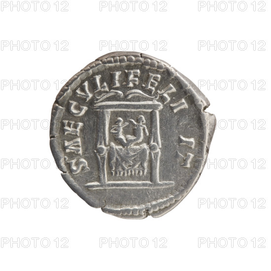Denarius depicting Faustina the Younger (ca. 130–176; Roman empress 161–176) and Marcus Aurelius (121–180; Roman emperor 161–180) as issuers; obverse: bust of Faustina II in drapery to the right, inscribed STINA AVGVSTA; reverse: draped throne (pulvinar) bearing two children—the twins Commodus and Antoninus—inscribed SAECVLI FELI; iconography references to Commodus (161–192; Roman emperor 177–192) and thrones; legend circumferential; date ca. 161–176; Roman Empire (27 BC–476), Rome; coin: diameter 18.0 mm, weight 3.20 g, axis 0°.