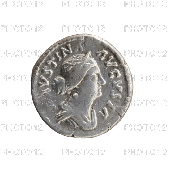 Denarius, Faustina the Younger (ca. 130–176; Roman empress 161–176), Marcus Aurelius (121–180; Roman emperor 161–180) issuer. Obverse: Draped bust of Faustina II facing right, inscription VSTIN—AVGVSTA. Reverse: Draped throne (pulvinar) with two children (twins Commodus and Antoninus), inscription SAECVLI FELICIT. Date: 161–176, Rome, Roman Empire. Medium: coin (silver). Diameter: 17.5 mm. Weight: 3.20 g. Axis: 180°.