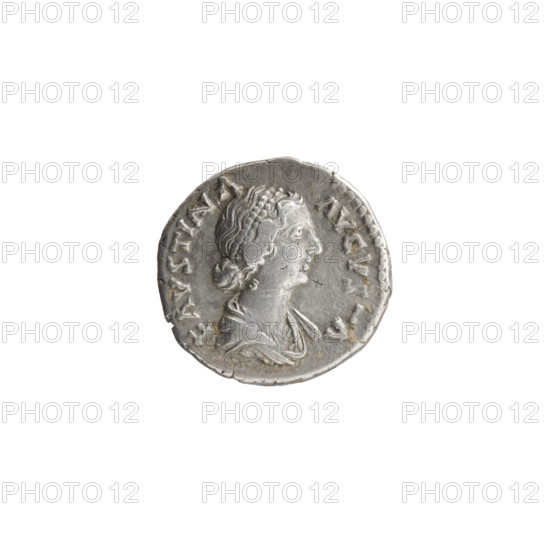 Denarius, Faustina the Younger (ca. 130–176; Roman empress 161–176), Marcus Aurelius (121–180; Roman emperor 161–180) (issuer). Obverse: draped bust of Faustina II facing right, inscribed FAVSTINA AVGVSTA. Reverse: draped throne (pulvinar) with two children—twins Commodus and Antoninus—inscribed SAECVLI FELICIT. Date: 161–176. Roman Empire, Rome. Coin; diameter 16.0–16.5 mm, weight 3.10 g, axis 180°.