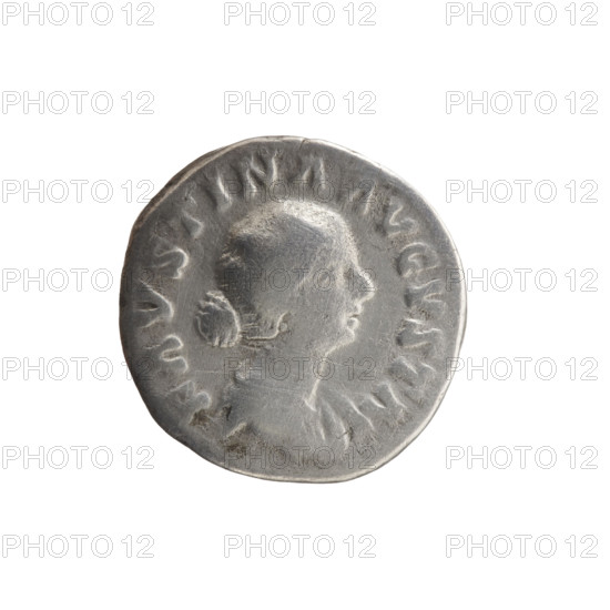 Denarius of Faustina the Younger (ca. 130–176; Roman empress 161–176). Obverse: draped bust of Faustina II facing right, inscription 'FAVSTINA AVGVSTA.' Reverse: draped throne (pulvinar) with two children—twins Commodus and Antoninus—inscription 'SAECVLI FELICIT.' Iconography: Faustina the Younger, Marcus Aurelius (issuer), Commodus; motifs include thrones and pulvinar with two children. Date: 161–176. Roman Empire (27 BC–476), Rome. Coin: diameter 16.5–17.0 mm, weight 2.95 g.