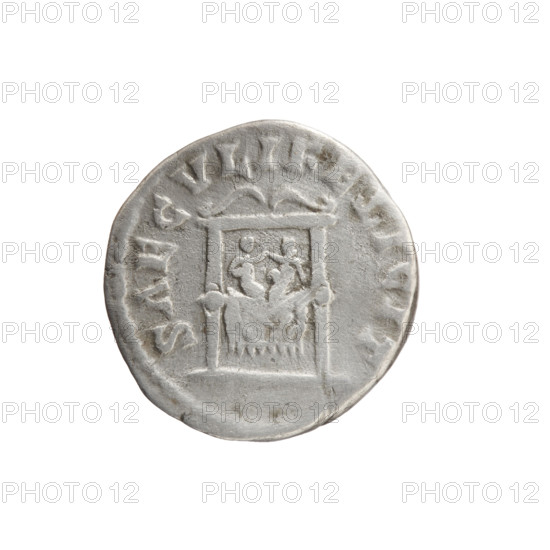 Denarius of Faustina the Younger (ca. 130–176), Roman empress 161–176; issue: Marcus Aurelius (121–180), Roman emperor 161–180. Obverse: draped bust of Faustina II facing right, inscription FAVSTINA AVGVSTA. Reverse: draped throne (pulvinar) with two children—twins Commodus and Antoninus—inscription SAECVLI FELICIT. Date: 161–176. Roman Empire (27 BC–476), Rome. Coin: silver denarius; diameter ca. 16.5–17.0 mm; weight 2.95 g.