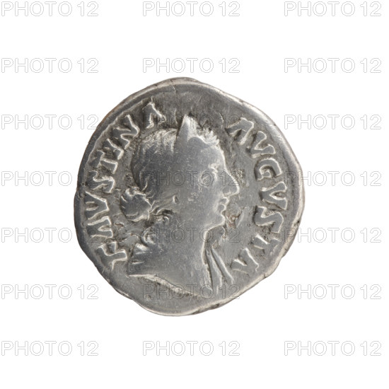 Denarius, Faustina the Younger (ca. 130–176; Roman empress 161–176), Marcus Aurelius (121–180; Roman emperor 161–180) issuer. Obverse: Bust of Faustina II in drapery facing right, inscription FAVSTINA - AVGVSTA. Reverse: Draped throne (pulvinar) with two children — twins Commodus and Antoninus; legend SAECVLI FELICIT. Date ca. 161–176. Roman Empire (27 BC–476), Rome. Coin: diameter 16.0–17.0 mm, weight 3.15 g, axis 195°.
