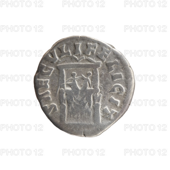 Denarius of Faustina the Younger (ca. 130–176), wife of Marcus Aurelius (121–180). Obverse: bust of Faustina II draped, facing right, legend 'FAVSTINA - AVGVSTA'. Reverse: draped throne (pulvinar) with two children—twins Commodus and Antoninus—legend 'SAECVLI FELICIT'. Iconography: pulvinar with two children; thrones; Faustina the Younger iconography. Date: 161–176. Roman Empire (Rome). Coin: diameter 16.0–17.0 mm, weight 3.15 g, axis 195°.