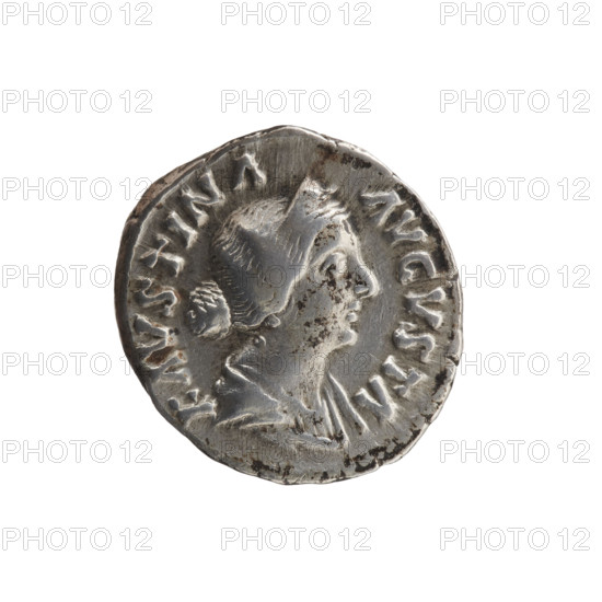 Denarius, Faustina the Younger (ca. 130–176; Roman empress 161–176), Marcus Aurelius (121–180; Roman emperor 161–180) (issuer). Obverse: Draped bust of Faustina II facing right, inscribed FAVSTINA · AVGVSTA. Reverse: Draped throne (pulvinar) with two children—twins Commodus and Antoninus—inscribed SAECVLI · FELICIT. Iconography: Faustina II, pulvinar with two children, Commodus and thrones. Date: 161–176. Culture: Roman Empire. Place: Rome. Object type: coin (denarius). Dimensions: diameter 16.0–16.5 mm; weight 3.30 g; axis 180°.