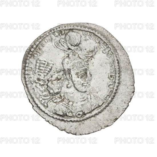 drachma, Yazdegerd I (ruler of Persia; 399–420). Obverse: Bust of Yazdegerd I facing right; crown with a crescent on the front and a korymbos; ribbons extending from the crown and falling down the back; Pahlavi legend. Reverse: Fire altar with the king and a priest facing each other at the sides, both holding barsoms; pearl rim; Pahlavi legend. Sassanid art; Sassanid Kingdom; motifs: busts, moons, altars, crowns, wings, korymbos. Date: 399–420. Persia (Iran). Coin: diameter 24.0 × 25.0 mm, weight 4.10 g.