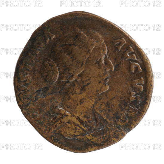 Sestertius of Faustina the Younger (ca. 130–176; Roman empress 161–176), issued under Marcus Aurelius (121–180; Roman emperor 161–180). Obverse: bust of Faustina II in drapery facing right, inscription VSTINA - AVGVSTA. Reverse: Diana standing left, holding a long torch in both hands, inscription - LVCIF; in SC fields. Date: 161–176. Roman Empire (27 BC–476), Rome. Coin: diameter 30.0 mm, weight 22.40 g, axis 15 degrees.