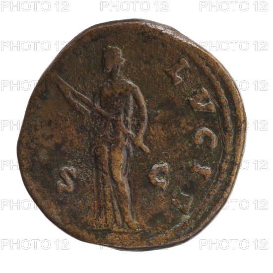 Sestertius; issuer: Marcus Aurelius; obverse: bust of Faustina II in drapery facing right, inscription VSTINA · AVGVSTA; reverse: Diana standing left holding a long torch in both hands, inscription LVCIF; in SC fields; iconography: Diana, torches; dates: 161–176 CE; materials/format: Roman coin, diameter 30.0 mm, weight 22.40 g, axis 15°; period/place: Roman Empire (27 BC–476), Rome.