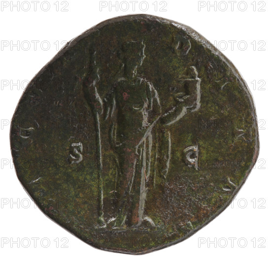 sestertius, Faustina the Younger (ca. 130–176; Roman empress 161–176), Marcus Aurelius (121–180; Roman emperor 161–180) (issuer); draped bust of Faustina II facing right, inscribed FAVSTINA · AVGVSTA; reverse: Fecunditas standing right, holding a long scepter in her right hand and a child in her left, inscribed ECVN · DITAS; in SC fields; date ca. 161–176; Roman Empire, Rome; coin (sestertius), diameter 26.0–28.5 mm, weight 17.52 g, axis 180°