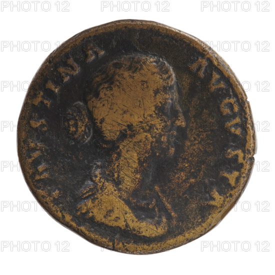Sestertius, Faustina the Younger (ca. 130–176; Roman empress 161–176), issuer Marcus Aurelius (121–180; Roman emperor 161–180). Obverse: bust of Faustina II in drapery facing right, inscription FAVSTINA · AVGVSTA. Reverse: Diana standing left, holding a long torch in both hands, inscription DIANA · LVCIF in SC fields. Date: 161–176, Rome, Roman Empire (27 BC–476). Coin; diameter 30.0–30.5 mm, weight 25.2 g, axis 15°.