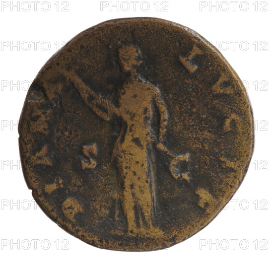 Sestertius of Faustina the Younger (ca. 130–176; Roman empress 161–176) issued under Marcus Aurelius (121–180; Roman emperor 161–180). Obverse: bust of Faustina II in drapery facing right, FAVSTINA·AVGVSTA. Reverse: Diana standing left, holding a long torch in both hands, DIANA·LVCIF, in SC fields. Date ca. 161–176, Rome, Roman Empire (27 BC–476). Coin: diameter 30.0–30.5 mm, weight 25.2 g, axis 15°.