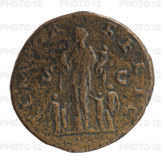 Sestertius, Faustina the Younger (ca. 130–176; Roman empress 161–176), issuer: Marcus Aurelius (121–180; Roman emperor 161–180). Obverse: Bust of Faustina II in diadem and drapery facing right, legend FAVSTINA · AVGVSTA. Reverse: Faustina as Fecunditas stands frontally, turns her head left, holds two infants, with four children standing at her sides (two on each side), legend TEMPOR · FELIC, in SC fields. Date: 161–176. Roman Empire, Rome. Coin; diameters 29.5 mm and 31.5 mm, weight 21.00 g, axis 15°.