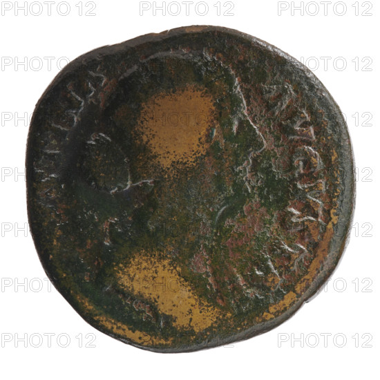 Sestertius of Faustina the Younger (ca. 130–176; Roman empress 161–176), issuer Marcus Aurelius (121–180; Roman emperor 161–180). Obverse: bust of Faustina II in drapery facing right, legend FAVSTINA • AVGVSTA. Reverse: Faustina as Fecunditas stands frontally, turns her head left, holds two infants in her arms; four children stand at her sides (two each), legend TEMPOR • FELIC. Fields marked SC. Date: 161–176. Roman Empire, Rome. Coin: bronze, diameter 30.0–31.0 mm, weight 22.50 g, axis 345°.