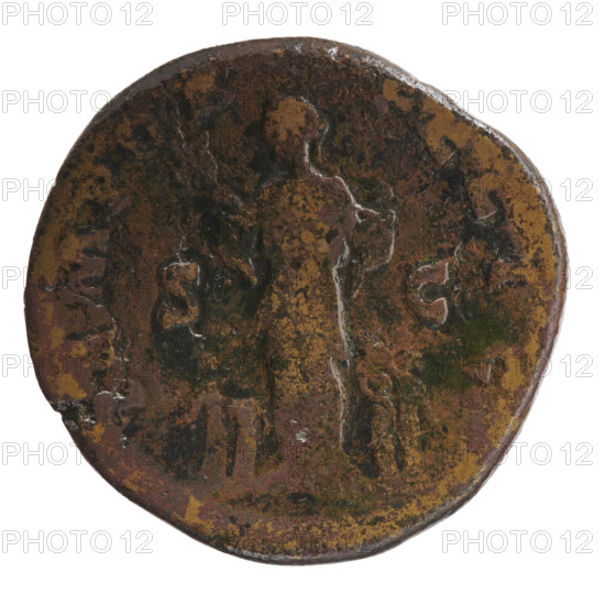 Sestertius of Faustina the Younger (ca. 130–176; Roman empress 161–176) issued under Marcus Aurelius (121–180; Roman emperor 161–180). Obverse: bust of Faustina II in drapery facing right, legend FAVSTINA·AVGVSTA. Reverse: Faustina as Fecunditas stands frontally, turns her head left, holds two infants in her arms; four children standing at her sides (two each); legend TEMPOR·FELIC. Fields: SC. Date: 161–176. Roman Empire, Rome. Coin: diameter 30.0–31.0 mm, weight 22.50 g, axis 345°.