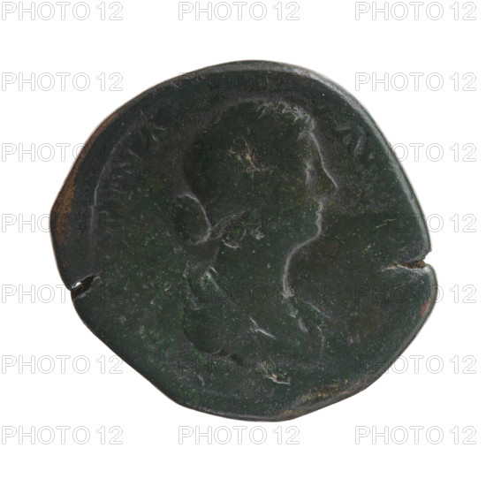 Sestertius, Faustina the Younger (ca. 130–176; Roman empress 161–176), Marcus Aurelius (121–180; Roman emperor 161–180) (issuer). Obverse: Bust of Faustina II in drapery facing right, inscribed FAVSTINA - AV, A all around. Reverse: Fecunditas (personification) standing right, holding a long scepter in her right hand and a child in her left, inscribed FECVN - D - in SC fields. Iconography: children, scepters, personifications, Fecunditas. Date: 161–176. Roman Empire, Rome. Coin: diameter 26.0–28.5 mm, weight 17.52 g, axis 180°.