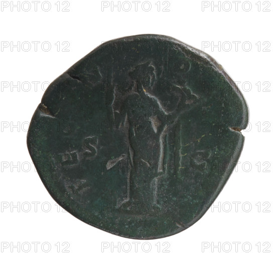 sestertius, Faustina the Younger (ca. 130–176; Roman empress 161–176), Marcus Aurelius (121–180; Roman emperor 161–180) (issuer). Obverse: Bust of Faustina II in drapery facing right, inscription FAVSTINA · AV. Reverse: Fecunditas standing right, holding a long scepter in her right hand and a child in her left, inscription FECVND· (in SC fields). Date: 161–176. Place: Rome, Roman Empire (27 BC–476). Coin. Diameter: 26.0–28.5 mm. Weight: 17.52 g. Axis: 180°.