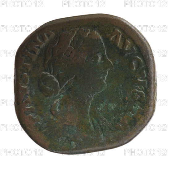 Sestertius of Faustina the Younger (ca. 130–176), Roman empress 161–176; issuer Marcus Aurelius (121–180), Roman emperor 161–180. Bust of Faustina II in drapery facing right, inscription FAVSTINA·AVGVSTA around. Reverse: Hilaritas (personification) standing left, holding a long palm branch in her right hand and a cornucopia in her left, inscription HIL·A·RITAS around; fields marked S·C. Date: 161–176. Roman Empire, Rome. Coin: bronze; diameter 28.5–30.5 mm, weight 25.85 g, axis 180°.