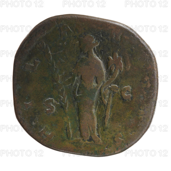 Sestertius of Faustina the Younger (ca. 130–176; Roman empress 161–176). Obverse: Bust of Faustina II in drapery facing right, inscription FAVSTINA · AVGVSTA. Reverse: Hilaritas (personification) standing left, holding a long palm branch in her right hand and a cornucopia in her left, inscription HIL · A · RITAS; fields marked S · C. Date: 161–176. Roman Empire (27 BC–476), Rome. Coin: diameter 28.5–30.5 mm, weight 25.85 g, axis 180°.